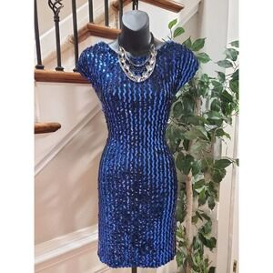 Vintage Glenrob Blue Sequin Rayon Round Neck Short Sleeve Knee Length Dress 9/10